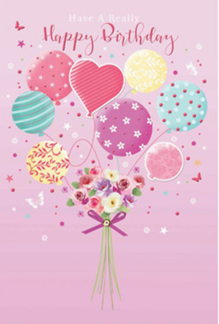 Delicate birthday card artwork featuring a whimsical bouquet of pastel balloons tethered to a small, luxurious-looking flower posy, evoking the polished yet playful atmosphere of Canary Wharf. The entire design rests on a pale pink background, soft and serene like the first blush of dawn over the Thames. At the centre, a cluster of balloons gently ascends, their round and heart-shaped silhouettes overlapping in an airy composition. Each balloon displays its own decorative touch: there are candy stripes in shades of teal, lemon, and rose; scattered polka dots that dance across the surface; and subtle floral or swirl patterns that add interest without feeling busy. One heart-shaped balloon stands out, glowing in rosy pink and lavender tones, suggesting warmth and care. From this floating cluster, slender strings trail down to a hand-tied bouquet waiting below. The bouquet is composed of petite rose and anemone-like blooms, rendered in creamy ivory, blush pink, and soft mauve that echo the balloons above. Their petals appear gently layered and feather-soft, as if they would yield under a fingertip, with shading that hints at real depth and freshness. The stems are gathered firmly and finished with a sparkling purple bow, its satin sheen reminiscent of elegant gift wrapping from a boutique near Jubilee Place. Around the composition, tiny stars, butterflies, and curling lines drift upward, giving a sense of motion and celebration, as though a light birthday breeze were moving through the space. The result is a beautifully balanced, modern yet romantic birthday image, perfect for sharing soft, joyful wishes with someone who loves pastel colours and the refined vibrancy of Canary Wharf.