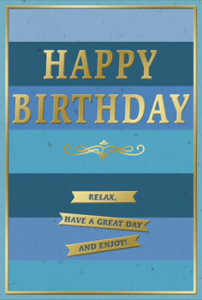 The birthday card pictured here is an elegant fusion of calm colour and celebratory shimmer, perfectly suited to the modern yet warm atmosphere of Canary Wharf. Its background is constructed from broad horizontal blocks of blue, laid one atop another like tranquil layers of sky and water. At the bottom lies a grounding band of deep navy, gradually giving way to medium ocean blue, rich teal, and finally to a gentle, uplifting sky blue nearer the top. This soft transition in tone creates an immediate sense of depth, serenity, and balance. Positioned across the centre, the words HAPPY BIRTHDAY are prominently embossed in gold capital letters. The lettering is generous and well-spaced, the metallic surface catching glints of light much like the evening reflections on the Thames beside the financial district. Just beneath the main greeting, an elegant golden flourish stretches horizontally, its looping form reminiscent of traditional calligraphy or the decorative motif on fine stationery. Below this flourish sit three matching golden banners, carefully stacked. Each ribbon carries part of the easy-going message: Relax, have a great day and enjoy! The banners have the appearance of delicately folded metal ribbons, with subtle shadows that give them a three-dimensional quality. A fine gold line frames the outer edges of the card, creating a crisp border that ties the entire composition together. The card stock itself appears smooth and substantial, likely with a soft, matte finish that lets the gold details stand out. One can easily imagine this card set alongside a sleek birthday arrangement prepared by Flower Delivery Canary Wharf, brightening a high-rise apartment, riverside restaurant table, or office space with a note of thoughtful, understated celebration.