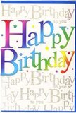 In this image, a single birthday card is showcased against a simple backdrop, its front design radiating the kind of confident cheer you might associate with a festive evening overlooking the towers of Canary Wharf. The central focus is the boldly printed phrase Happy Birthday, each letter large, rounded, and filled with a fluid gradient that moves effortlessly from passionate reds into zesty oranges, mellow yellows, leafy greens, and cool aquas, finally deepening into rich blues and purples. The spectrum feels continuous and well balanced, like the seamless wash of colour you see in a sunset reflected in the dock waters. The print appears crisp on a smooth, slightly glossy card surface, suggesting a quality finish that would feel firm and refined in the hand. Behind the headline message, the entire background is cloaked in repeating golden script, the words Happy Birthday to you written again and again in a neat, looping cursive. This script is finer and less pronounced than the main text, so it forms a shimmering pattern rather than a second focal point, comparable to subtle golden reflections on the glass façades around Canada Square. Small, scattered dots and confetti-like specks of colour are sprinkled among the letters, adding a light, playful rhythm to the composition. The lighting in the photograph is soft but clear, allowing the rainbow lettering and metallic script to stand out without glare. Overall, the card conveys a sense of modern celebration-spirited yet stylish-suited to birthdays from relaxed family gatherings to polished office surprises, especially when paired with a bright bouquet delivered locally around Canary Wharf.