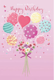 Whimsical birthday illustration where a dreamy cluster of pastel balloons lifts a dainty bouquet of flowers, drawn with the same thoughtful detail you might expect from a stylish florist serving Canary Wharf. The background is a quiet blush pink, creating a calm stage that allows the colours of the design to sing. At the centre, several balloons float upwards together, their surfaces softly highlighted, suggesting reflections like those on the nearby glass towers. Some balloons are wrapped in candy-coloured stripes of sea green, golden yellow, and rose; others are scattered with charming polka dots or decorated with fine floral patterns. A heart-shaped balloon sits close to the middle, glowing gently in pink and lavender tones that convey affection and kindness. Below, the balloon strings gather and appear to be tied to a small, hand-tied bouquet brimming with rose and anemone-style blooms. These flowers are painted in creamy ivory, blush, and dusty mauve, with layered petals that look velvety and slightly ruffled, as if just arranged by hand. Their green stems are drawn together at the base and finished with a neat violet satin bow that shines subtly, adding a touch of luxury reminiscent of an elegant gift picked up in Cabot Place or Crossrail Place. Sprinkled around the design are tiny stars, butterflies, and curls of confetti, all gently ascending, evoking an atmosphere of light, joyful festivity. The artwork feels like a single, floating birthday wish-soft, uplifting, and perfect for celebrating in the contemporary yet warm setting of Canary Wharf.
