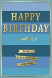 This birthday card combines contemporary style with gentle warmth, its design grounded in wide, horizontal stripes of blue that suggest both calm and quiet sophistication. Starting with a deep navy band at the bottom and moving gradually through cooler ocean and teal tones to a softer, lighter blue at the top, the background creates a tranquil gradient that feels as composed as the skyline of Canary Wharf on a clear evening. The texture appears smooth and velvety, with each stripe carefully defined yet blending harmoniously into the next. Centered against this serene backdrop, the phrase HAPPY BIRTHDAY is presented in bold, embossed gold capitals. The letters are clear and confident, with a metallic sheen that catches the light in subtle flashes, echoing the glimmer of office lights reflected on nearby water. Beneath the main greeting, a slim golden flourish adds a touch of classic charm, its looping curves softening the strong horizontal lines of the design. Below this flourish, three narrow golden banners descend in a tidy stack. Each ribbon carries part of the friendly invitation: Relax, have a great day and enjoy! The banners appear slightly raised, their edges crisply defined, suggesting a tactile detail you could feel with your fingertips. A narrow gold border traces the edges of the card, framing the composition with a neat, finished look. The card stock itself looks thick and high-quality, with a matte finish that allows the gold accents to stand out beautifully. It is easy to picture this card propped beside a stylish vase of birthday flowers in a Canary Wharf flat or office, bringing a moment of calm, heartfelt celebration into a busy urban day.